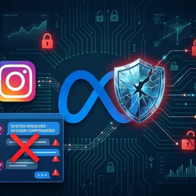 Meta infinity logo with cracked shield and Instagram camera icon surrounded by red warning locks and compromised chatbot conversation on dark navy background