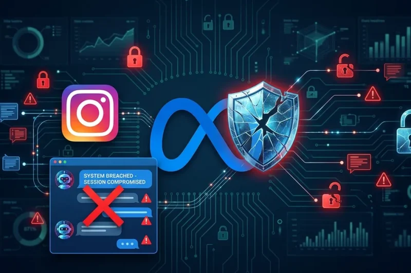 Meta infinity logo with cracked shield and Instagram camera icon surrounded by red warning locks and compromised chatbot conversation on dark navy background