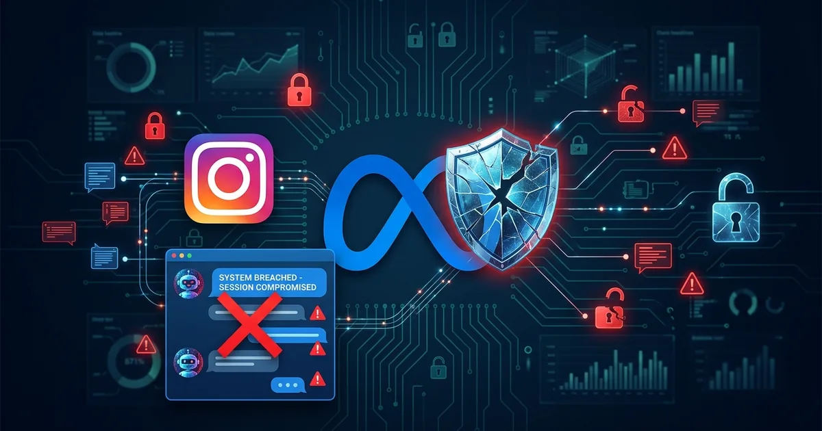 Meta infinity logo with cracked shield and Instagram camera icon surrounded by red warning locks and compromised chatbot conversation on dark navy background