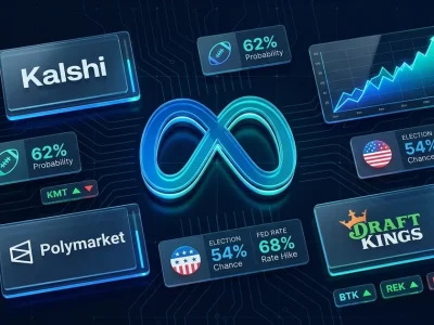The Meta logo at the center of a fintech dashboard surrounded by Kalshi, Polymarket and DraftKings logos, prediction probability tiles, a rising chart and stock ticker chips