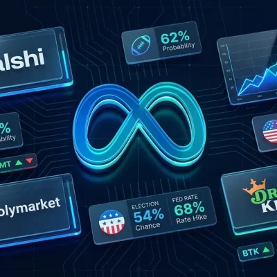 The Meta logo at the center of a fintech dashboard surrounded by Kalshi, Polymarket and DraftKings logos, prediction probability tiles, a rising chart and stock ticker chips
