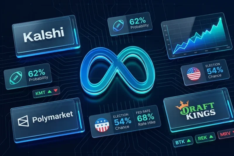 The Meta logo at the center of a fintech dashboard surrounded by Kalshi, Polymarket and DraftKings logos, prediction probability tiles, a rising chart and stock ticker chips