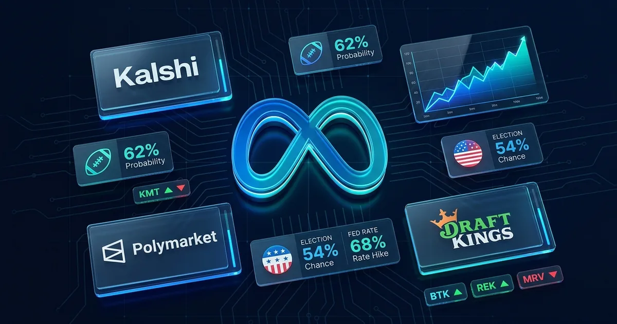 The Meta logo at the center of a fintech dashboard surrounded by Kalshi, Polymarket and DraftKings logos, prediction probability tiles, a rising chart and stock ticker chips
