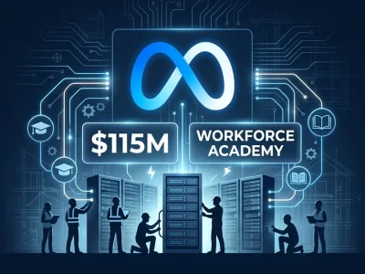 Meta logo with construction workers building data center server infrastructure and Workforce Academy training program branding