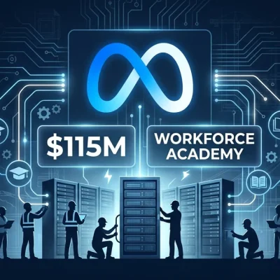 Meta logo with construction workers building data center server infrastructure and Workforce Academy training program branding