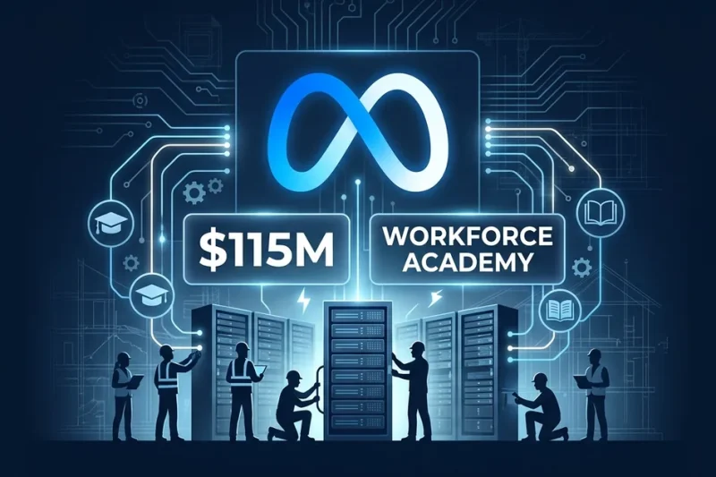 Meta logo with construction workers building data center server infrastructure and Workforce Academy training program branding