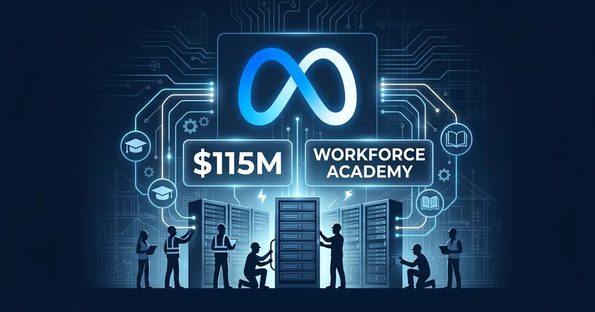 Meta logo with construction workers building data center server infrastructure and Workforce Academy training program branding