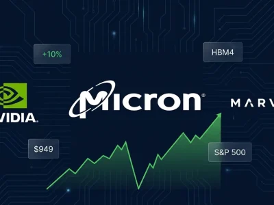 Dashboard composite showing Micron, Nvidia, and Marvell logos with a green V-shaped stock recovery chart and HBM4 data panels on a dark navy circuit board background