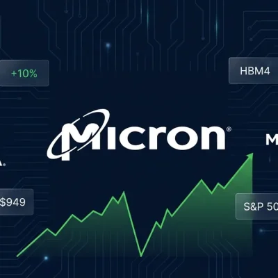 Dashboard composite showing Micron, Nvidia, and Marvell logos with a green V-shaped stock recovery chart and HBM4 data panels on a dark navy circuit board background