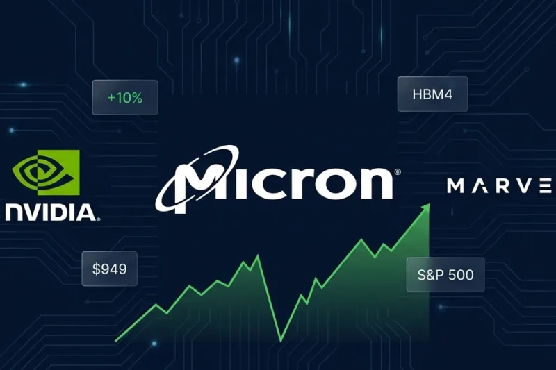 Dashboard composite showing Micron, Nvidia, and Marvell logos with a green V-shaped stock recovery chart and HBM4 data panels on a dark navy circuit board background