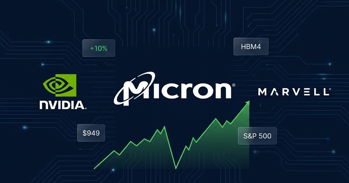 Dashboard composite showing Micron, Nvidia, and Marvell logos with a green V-shaped stock recovery chart and HBM4 data panels on a dark navy circuit board background