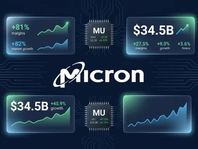 Micron Technology logo with financial dashboard panels showing revenue, margin, and HBM chip data on dark navy background