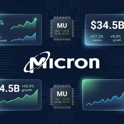 Micron Technology logo with financial dashboard panels showing revenue, margin, and HBM chip data on dark navy background