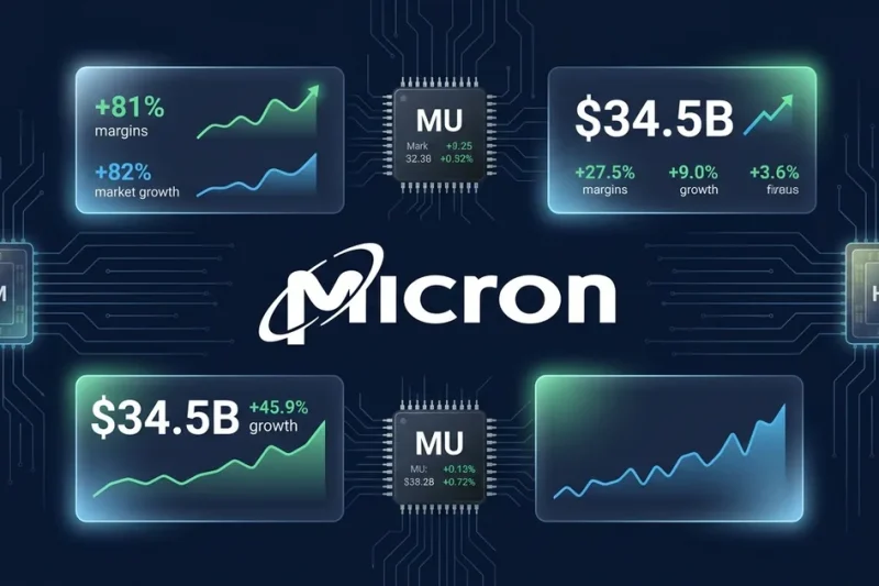Micron Technology logo with financial dashboard panels showing revenue, margin, and HBM chip data on dark navy background