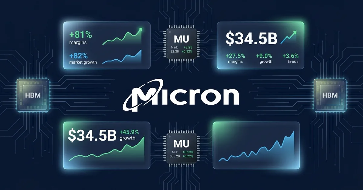 Micron Technology logo with financial dashboard panels showing revenue, margin, and HBM chip data on dark navy background