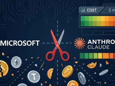 Microsoft and Anthropic Claude logos separated by scissors cutting their connection with budget depletion meter