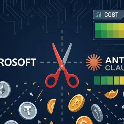 Microsoft and Anthropic Claude logos separated by scissors cutting their connection with budget depletion meter