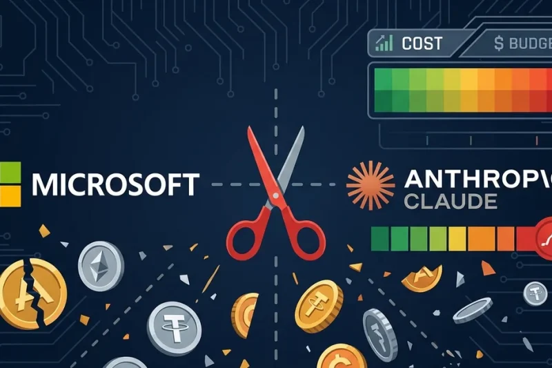Microsoft and Anthropic Claude logos separated by scissors cutting their connection with budget depletion meter