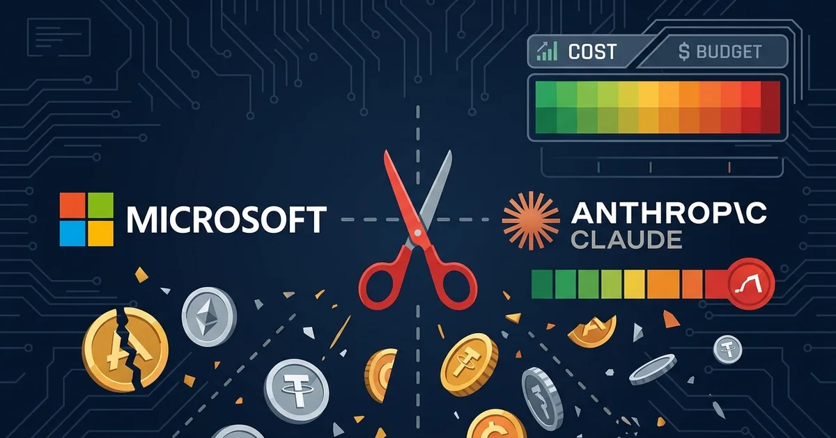Microsoft and Anthropic Claude logos separated by scissors cutting their connection with budget depletion meter