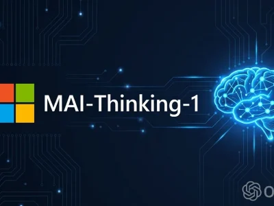 Microsoft logo with MAI-Thinking-1 text and neural network icon on dark navy background