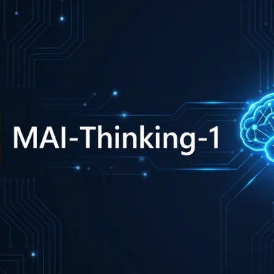 Microsoft logo with MAI-Thinking-1 text and neural network icon on dark navy background