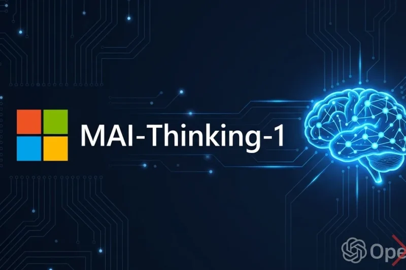 Microsoft logo with MAI-Thinking-1 text and neural network icon on dark navy background