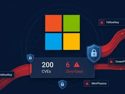 Microsoft logo with 200 CVEs and 6 zero-days data panel showing YellowKey GreenPlasma MiniPlasma exploit names on dark cybersecurity dashboard
