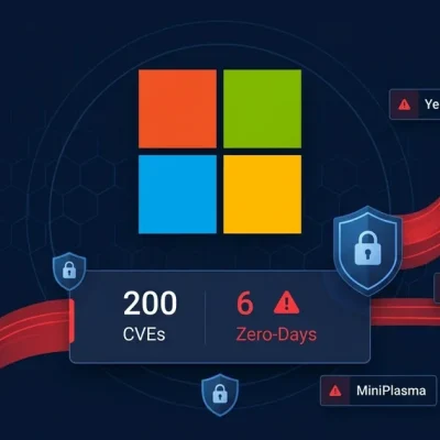 Microsoft logo with 200 CVEs and 6 zero-days data panel showing YellowKey GreenPlasma MiniPlasma exploit names on dark cybersecurity dashboard