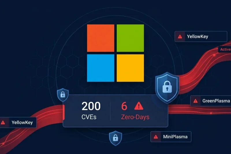 Microsoft logo with 200 CVEs and 6 zero-days data panel showing YellowKey GreenPlasma MiniPlasma exploit names on dark cybersecurity dashboard