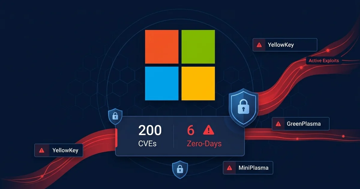 Microsoft logo with 200 CVEs and 6 zero-days data panel showing YellowKey GreenPlasma MiniPlasma exploit names on dark cybersecurity dashboard
