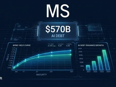 Morgan Stanley logo with bond yield curve and AI debt issuance chart showing 570 billion dollars with Alphabet Amazon Microsoft Meta logos
