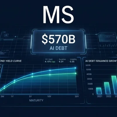 Morgan Stanley logo with bond yield curve and AI debt issuance chart showing 570 billion dollars with Alphabet Amazon Microsoft Meta logos
