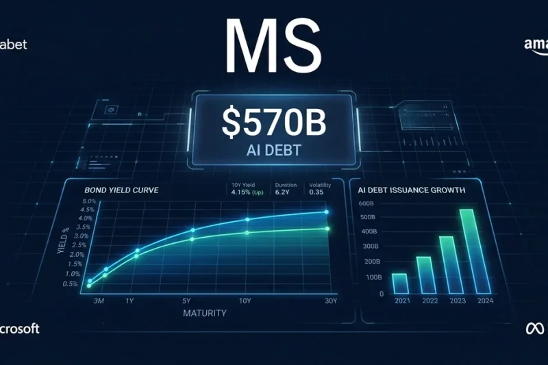Morgan Stanley logo with bond yield curve and AI debt issuance chart showing 570 billion dollars with Alphabet Amazon Microsoft Meta logos