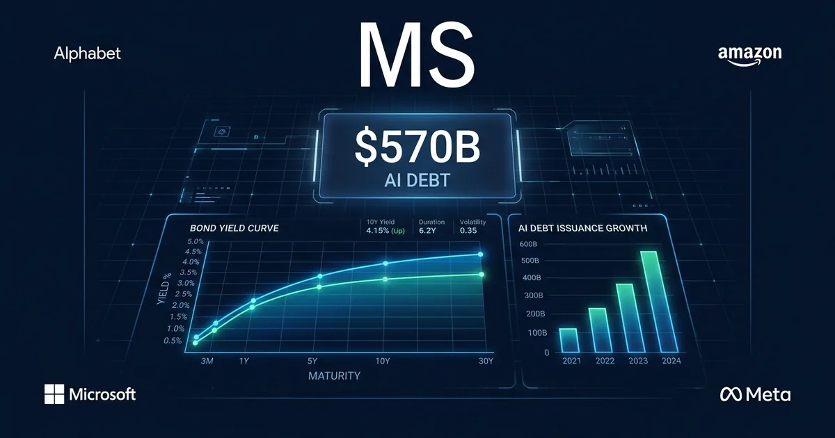 Morgan Stanley logo with bond yield curve and AI debt issuance chart showing 570 billion dollars with Alphabet Amazon Microsoft Meta logos