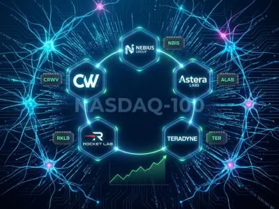 Five AI infrastructure company logos including CoreWeave Nebius Astera Labs Rocket Lab and Teradyne arranged in a neural network pattern with NASDAQ-100 branding and ticker symbols