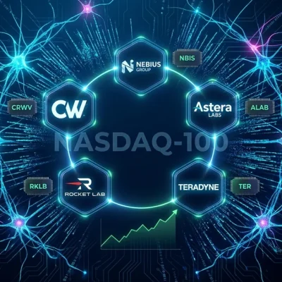 Five AI infrastructure company logos including CoreWeave Nebius Astera Labs Rocket Lab and Teradyne arranged in a neural network pattern with NASDAQ-100 branding and ticker symbols
