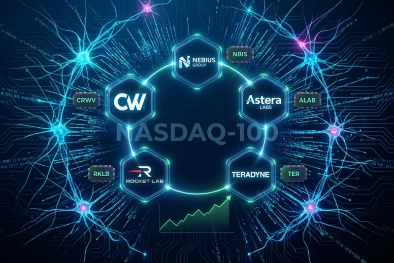 Five AI infrastructure company logos including CoreWeave Nebius Astera Labs Rocket Lab and Teradyne arranged in a neural network pattern with NASDAQ-100 branding and ticker symbols