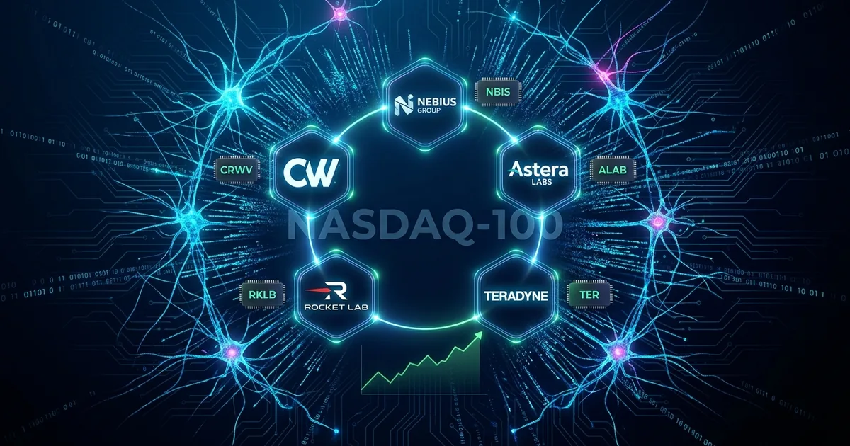 Five AI infrastructure company logos including CoreWeave Nebius Astera Labs Rocket Lab and Teradyne arranged in a neural network pattern with NASDAQ-100 branding and ticker symbols