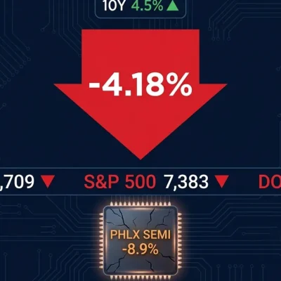 Financial dashboard showing Nasdaq down 4.18 percent, S&P 500 and Dow in red, semiconductor index PHLX SEMI down 8.9 percent, Treasury 10-year yield at 4.5 percent