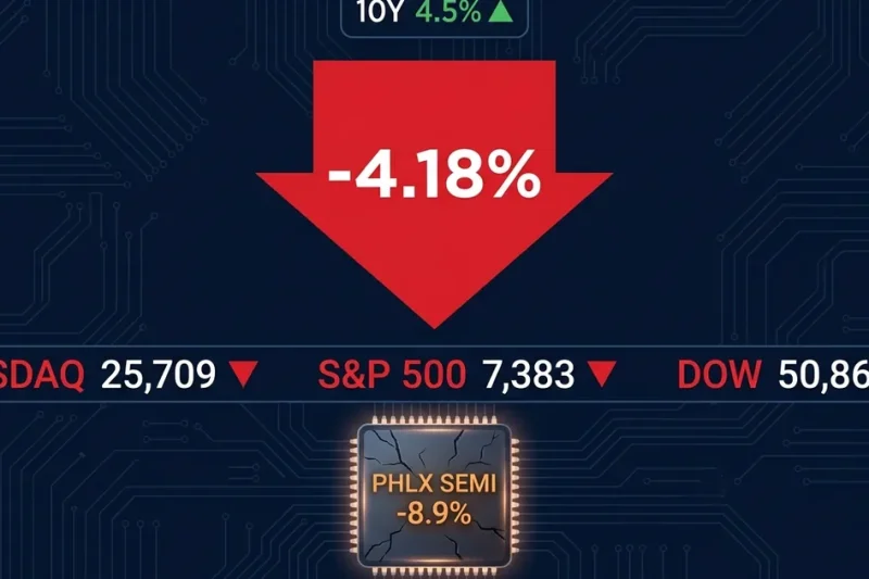 Financial dashboard showing Nasdaq down 4.18 percent, S&P 500 and Dow in red, semiconductor index PHLX SEMI down 8.9 percent, Treasury 10-year yield at 4.5 percent