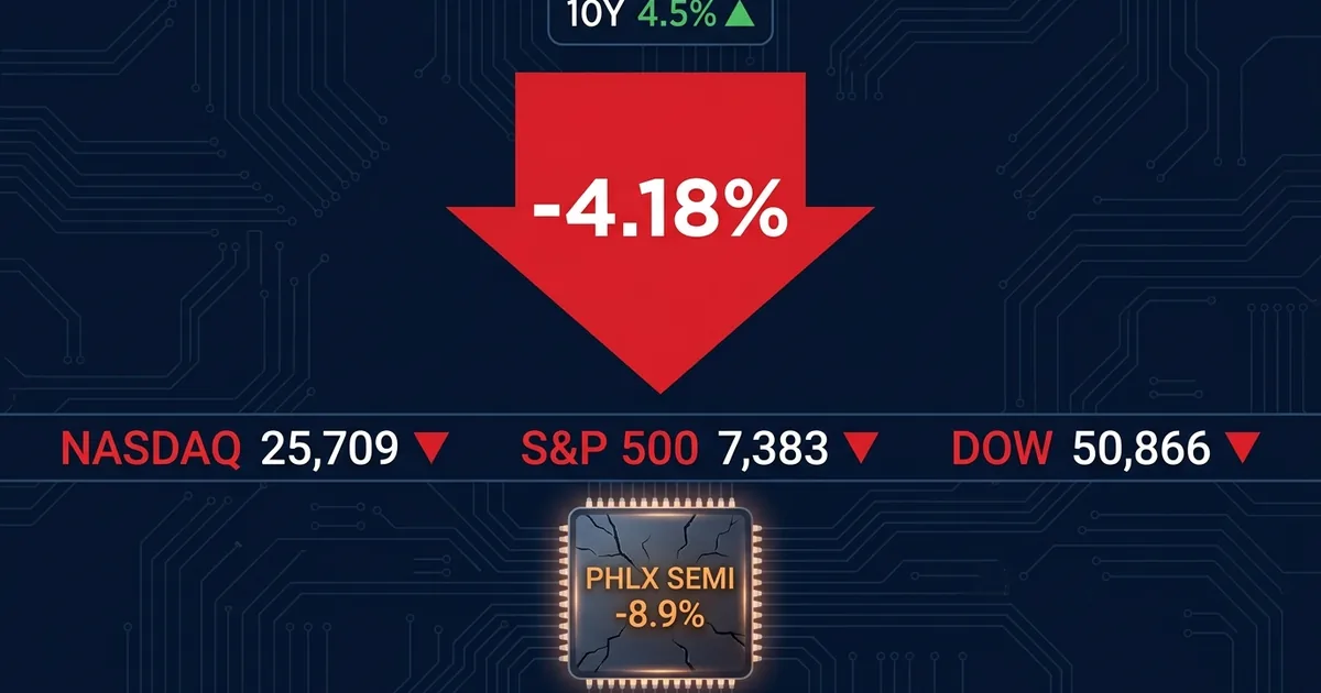 Financial dashboard showing Nasdaq down 4.18 percent, S&P 500 and Dow in red, semiconductor index PHLX SEMI down 8.9 percent, Treasury 10-year yield at 4.5 percent