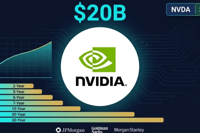 Nvidia logo with 0B bond sale details, seven maturity tranches, and JPMorgan Goldman Sachs Morgan Stanley logos