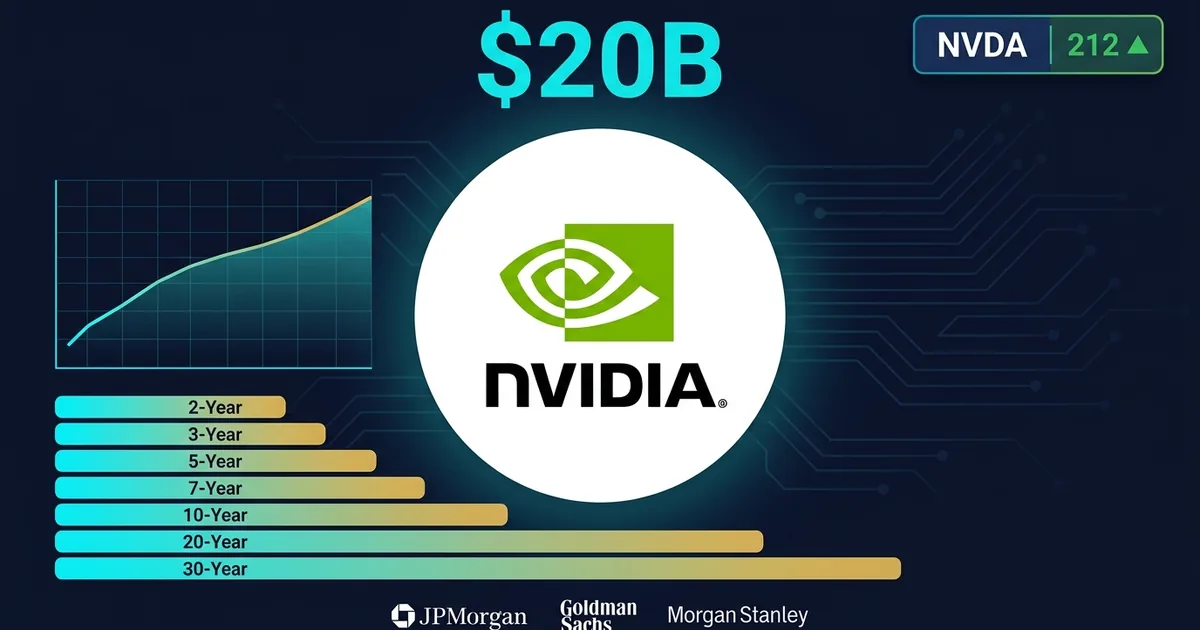 Nvidia logo with 0B bond sale details, seven maturity tranches, and JPMorgan Goldman Sachs Morgan Stanley logos