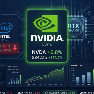 Financial dashboard showing Nvidia RTX Spark chip with NVDA stock up and Intel AMD shares declining at Computex 2026