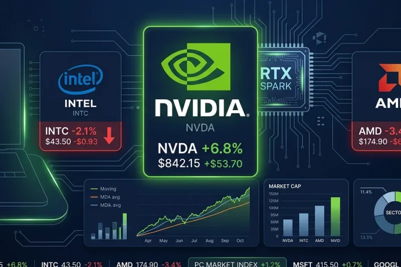 Financial dashboard showing Nvidia RTX Spark chip with NVDA stock up and Intel AMD shares declining at Computex 2026