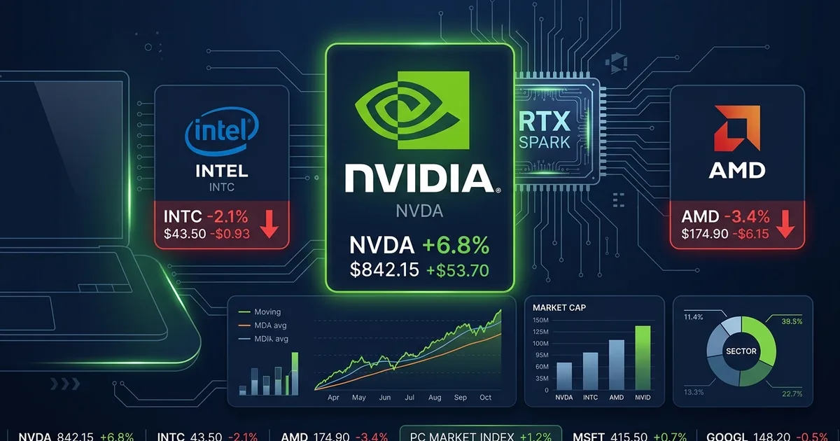 Financial dashboard showing Nvidia RTX Spark chip with NVDA stock up and Intel AMD shares declining at Computex 2026