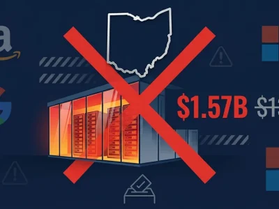 Data center with red X overlay, Ohio state outline, 1.57 billion dollar cost overrun, Amazon Google Microsoft logos on dark blue background