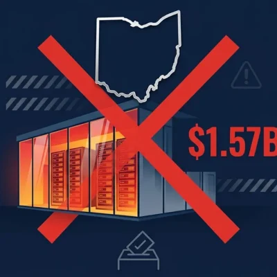 Data center with red X overlay, Ohio state outline, 1.57 billion dollar cost overrun, Amazon Google Microsoft logos on dark blue background