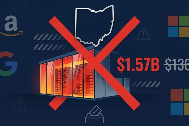 Data center with red X overlay, Ohio state outline, 1.57 billion dollar cost overrun, Amazon Google Microsoft logos on dark blue background