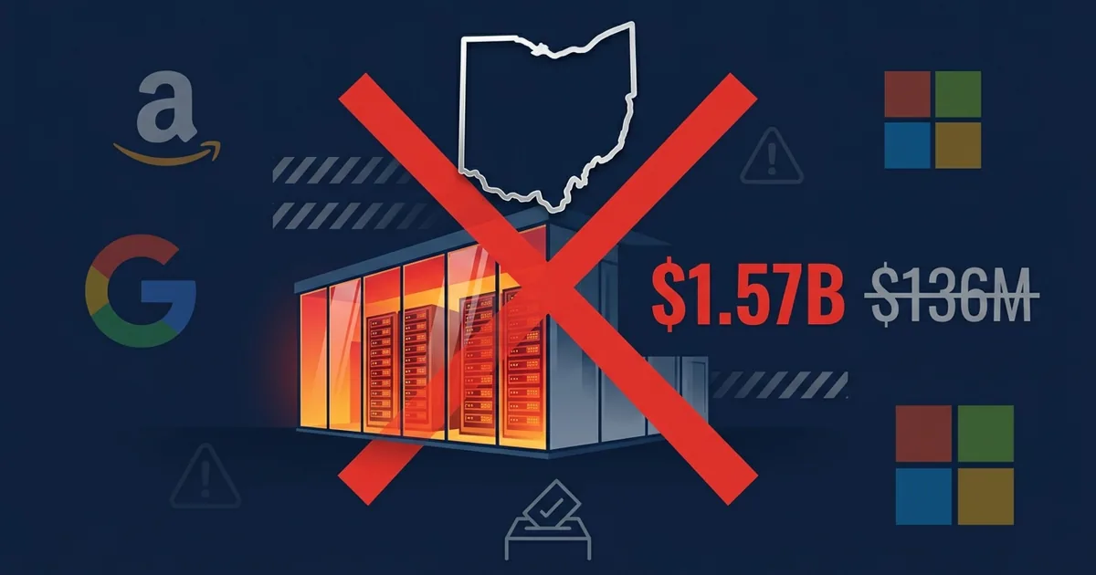 Data center with red X overlay, Ohio state outline, 1.57 billion dollar cost overrun, Amazon Google Microsoft logos on dark blue background